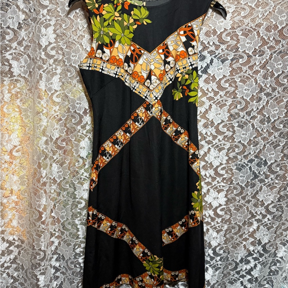 Handmade vintage sheath Black Midi Dress with Orange green Floral polyester